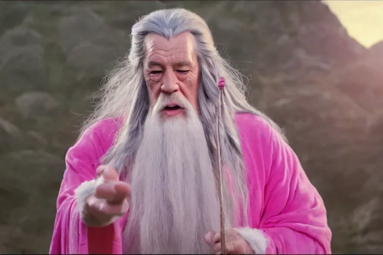 Image similar to portrait of Gandalf wearing pink Hello kitty costume, serene expression, sunrise, movie still from Lord of the Rings, cinematic