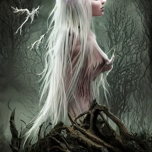 Image similar to ultrarealistic horrific, beautiful banshee with brightly shining wings and white hair imprisoned in a very dark nearly lightless, sombre, horrific forest