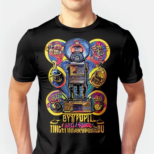 Image similar to mockup of a black tshirt with a hyperdetailed portrait of a steampunk robot by robert crumb, 8 k, symetrical, flourescent colors, happy trippy mood, multicolored,