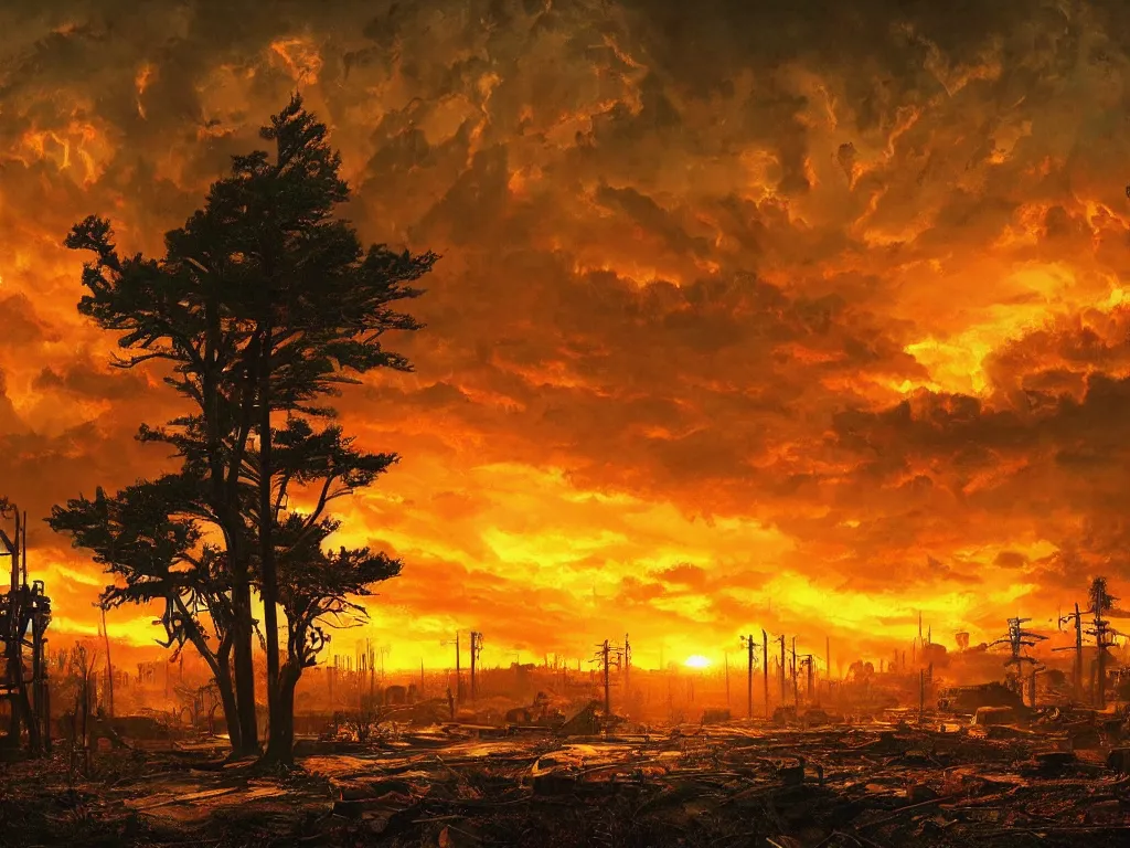 Image similar to a post apocalyptic atlanta landscape after a nuclear war, beautiful radioactive sunset lighting, beautiful painting, fallout 4, painted by albert bierstadt