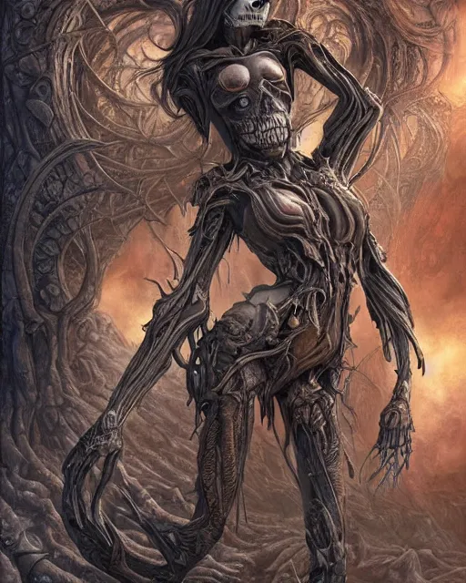 Image similar to death is swallowed up in victory, very detailed and beautiful womans face, screaming with fear, artwork by artgerm, centered shot, wide angle, full body, elfpunk, artwork by naoto hattori, giger, landscape art by john howe