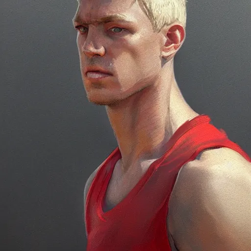 Image similar to Portrait of a man by Greg Rutkowski, he is about 30 years old, short blond hair, athletic and strong, straight jaw, wearing red tank top, older brother vibes, highly detailed portrait, digital painting, artstation, concept art, smooth, sharp foccus ilustration, Artstation HQ.