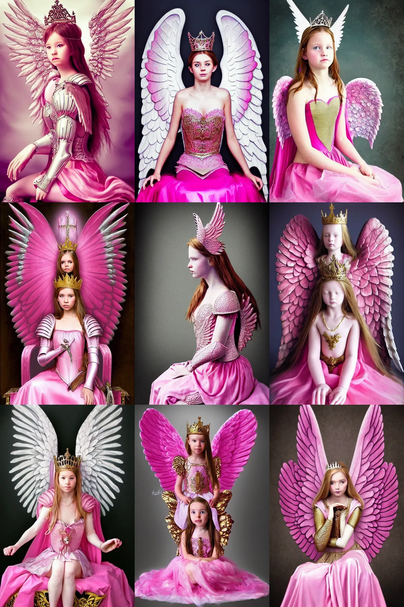 Prompt: gorgeous!! hyper - realistic princess wearing ornate pink knight armor, angel wings l sitting at the thrown | superflat art