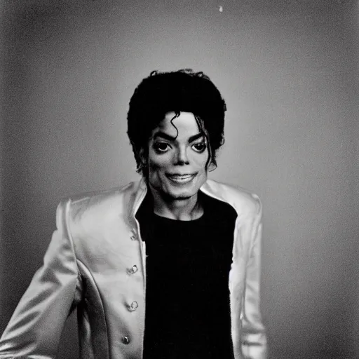 Prompt: photo of Michael Jackson by Diane Arbus, black and white, high contrast, Rolleiflex, 55mm f/4 lens