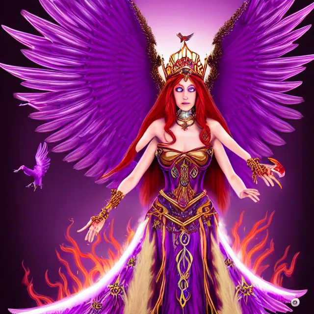 Prompt: Princess sorceress with red flaming bird wings on her back and sitting on an ornate throne dressed in a fancy purple dress, beautiful realistic symmetrical defined face, anatomically correct, Fantasy, Full Portrait, High detail, realistic, planeswalker