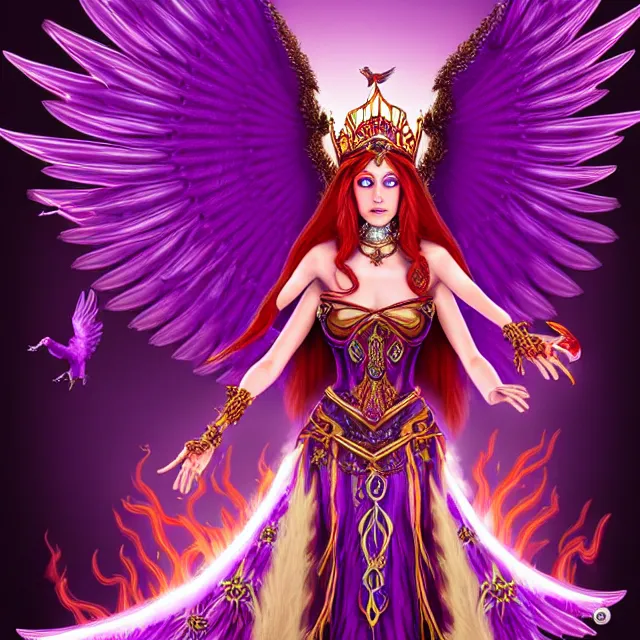 Image similar to Princess sorceress with red flaming bird wings on her back and sitting on an ornate throne dressed in a fancy purple dress, beautiful realistic symmetrical defined face, anatomically correct, Fantasy, Full Portrait, High detail, realistic, planeswalker