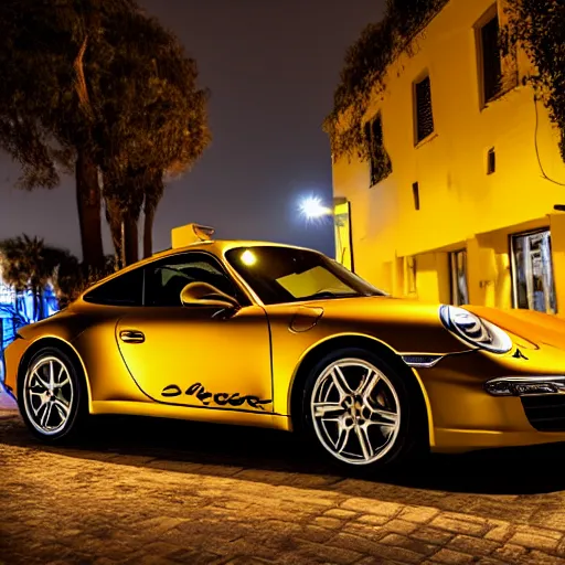 Image similar to Photo of a copper yellow Porsche 911 Carrera 3.2 parked in front of a cafe in Cyprus, night, moonlit, dramatic lighting, award winning, highly detailed