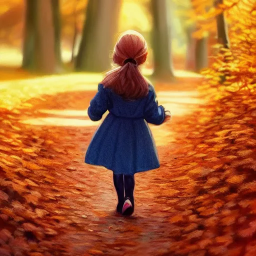 Image similar to ansell mary jane ilustration a beautiful little girl smiling, walking calmly through an autumn forest, characterized by ansell mary jane, sharp focus, highly detailed, artstation