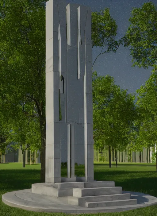 Image similar to highly detailed realistic architecture 3 d render of a futuristic mirrored stele monument in frank lloyd wright style standing in city park, archdaily, made in unreal engine 4 octane render