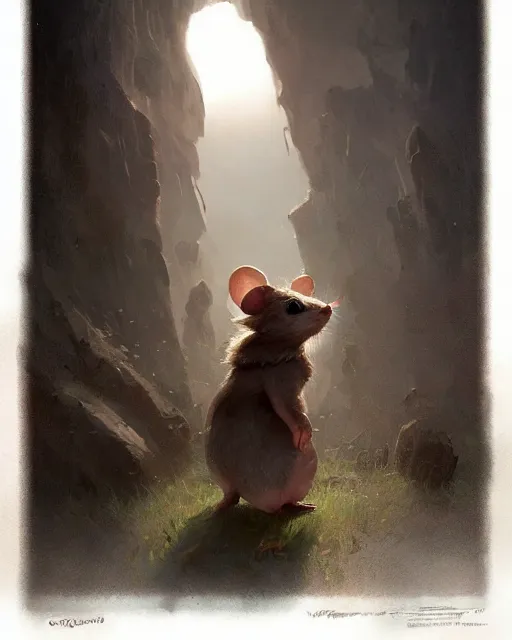 Prompt: a small mouse looking upwards, viewed from behind, digital portrait by greg rutkowski, fantasy art, concept art, by disney concept artists, cinematic lighting, evening light, trending on artstation, cgsociety