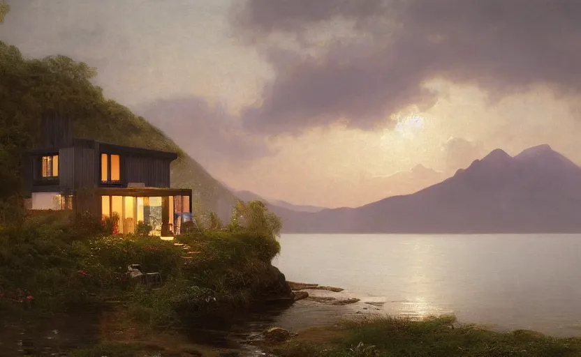 Prompt: small modern cottage overlooking the ocean, close up shot, at dusk, distant mountains, 4k, rule of thirds, extreme detail, hazy water, intricate ink illustration, trending on artstation, cgsociety, hd, calm, complimentary colours, realistic lighting, by Albert Bierstadt, Frederic Edwin Church.