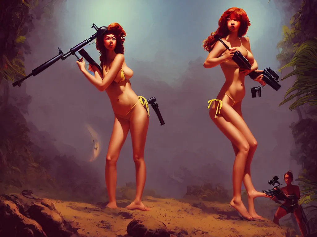 Prompt: beautiful digital art of the girl in bikini shoots bazooka, jungle, renaissance, atmospheric dramatic lighting, wlop, boris vallejo, jamie hewlett and z. w. gu, ultra detailed, cinematic, masterpiece, behance contest winner