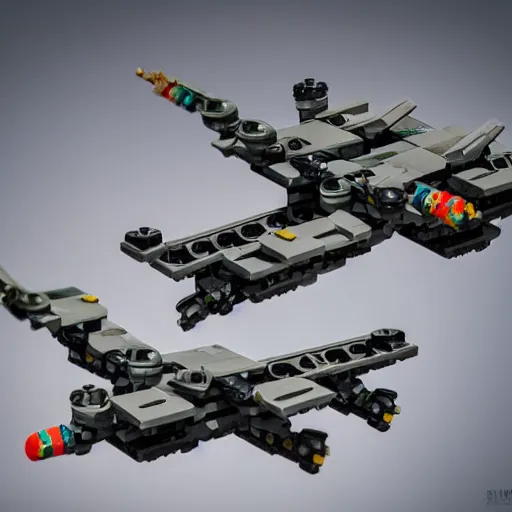 Image similar to a military drone made of legos, realistic photography, high detailed