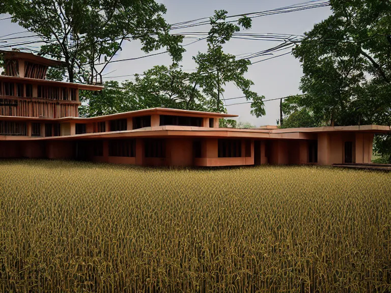 Image similar to hyperrealism design by frank lloyd wright and kenzo tange photography from 5 point of perspective of beautiful detailed small solarpunk house with many details in small detailed ukrainian village designed by taras shevchenko and wes anderson and caravaggio, wheat field behind the house, around the forest volumetric natural light