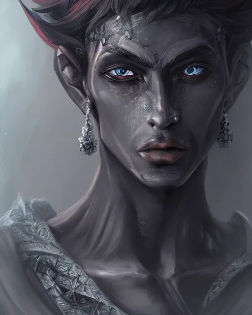 Image similar to portrait of a feminine male dark elf, obsidian skin, fantasy, elegant, intricate, highly detailed, digital painting, artstation, concept art, sharp focus, illustration