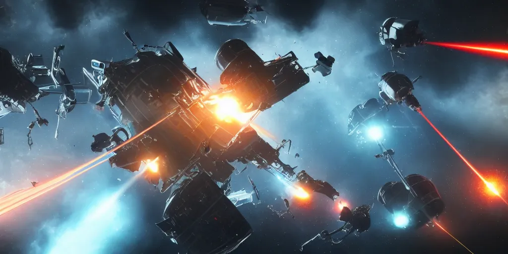 Image similar to ultra realistic detailed spacecraft battle scene, cinematic scifi shot, laser fire, explosions, ultra realistic details, 8 k