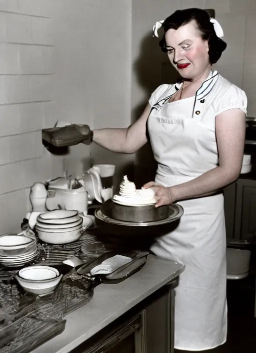 Image similar to a 35mm photograph of Hitler in an apron, dressed as a housewife, baking a cake, in the 1950's, bokeh, Canon 50mm, cinematic lighting, photography, retro, film, Kodachrome