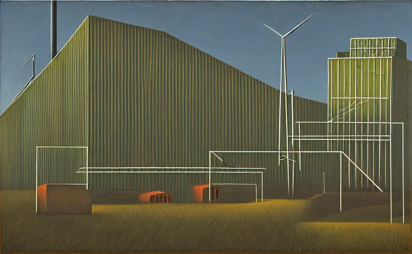 Prompt: geometric painting of industrial buildings surrounded by undergrowth by clarence holbrook carter