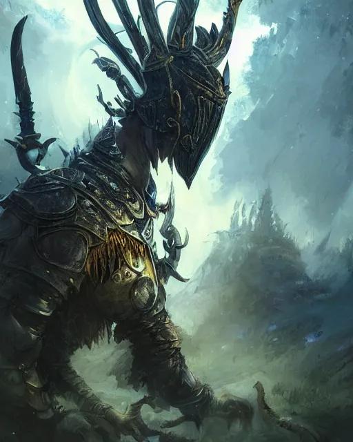 Image similar to Huge fishheaded warrior in armor, portrait, woodlands, magic the gathering artwork, D&D, fantasy, cinematic lighting, centered, symmetrical, highly detailed, digital painting, artstation, concept art, smooth, sharp focus, illustration, volumetric lighting, epic Composition, 8k, art by Akihiko Yoshida and Greg Rutkowski and Craig Mullins, oil painting, cgsociety