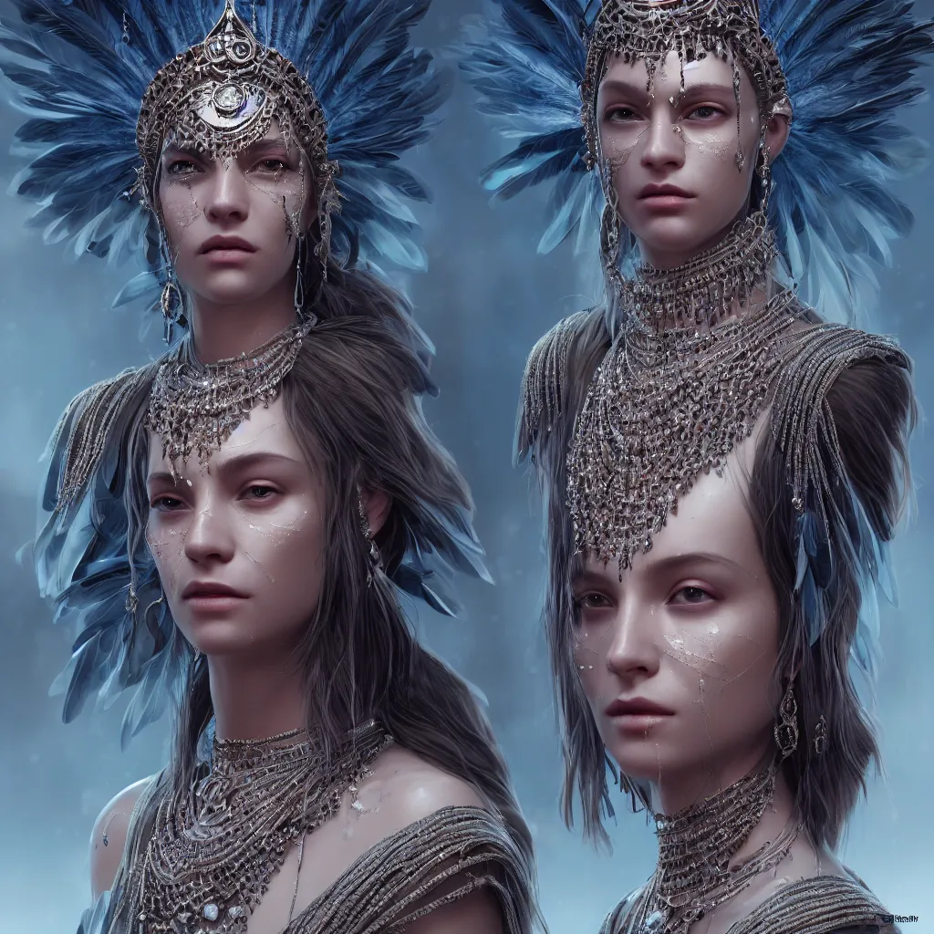 Prompt: portrait highly detailed beautiful symmetrical face high priestess intricate elegant detailed crystal jewellery with tribal feathers, volumetric lighting, digital painting, concept art, smooth, sharp focus 3 d, divine realm of gods, realistic cinematic style, octane render, photographic, concept art unreal engine 8 k by greg rutkowski