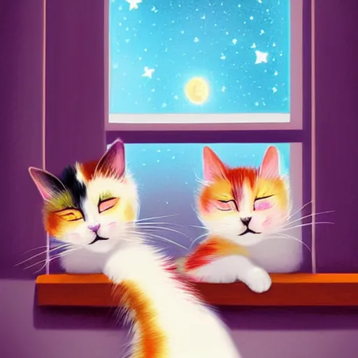 Image similar to two cute multi - colored calico cats sleeping inside a cozy home in the evening, stars shining in the night sky through the window,, artstation, cgsociety, storybook art