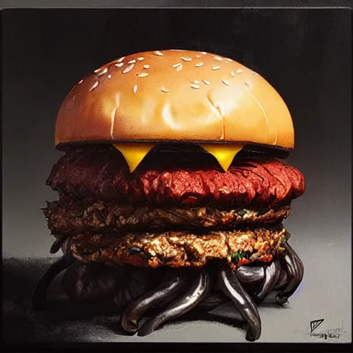 Prompt: hyper realistic hamburger as a xenomorph, painted by greg rutkowski, unreal engine,