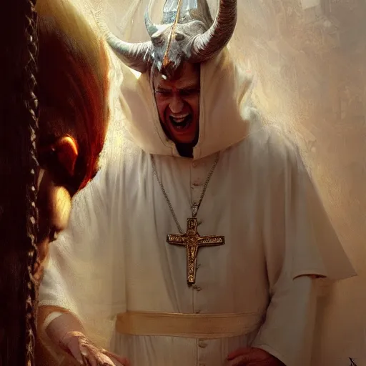 Image similar to the pope is in his bedroom, scared because a horned demon is attacking him. highly detailed painting by gaston bussiere, greg rutkowski, craig mullins 8 k