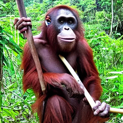 Image similar to “tall Goblin orangutan hybrid with mange holding a spear, jungle background”