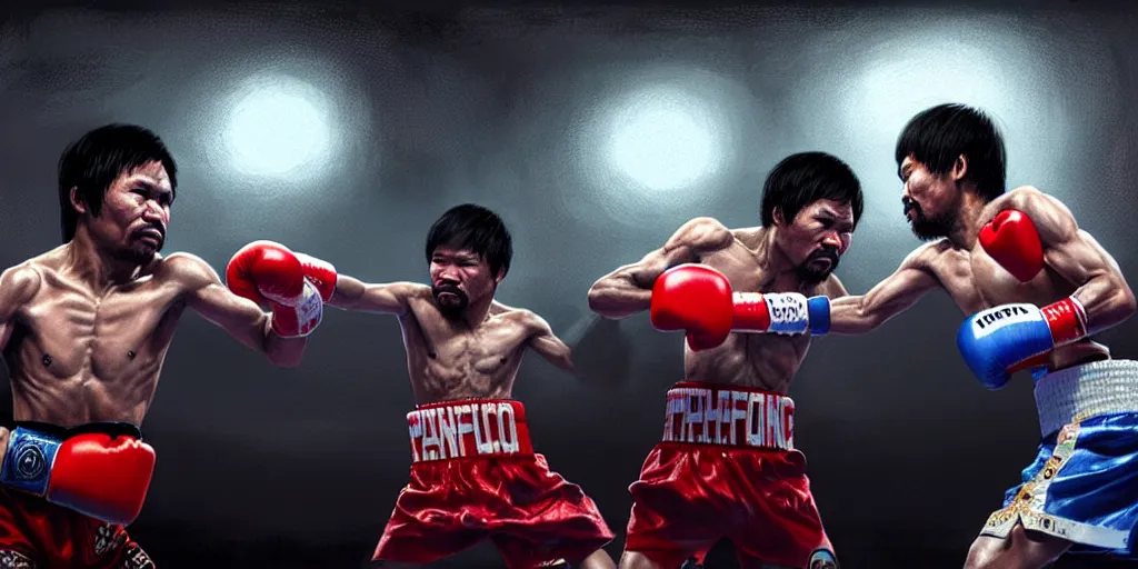 Image similar to manny pacquiao versus bongbong marcos in a boxing fight, detailed intricate illustration, dark atmosphere, detailed illustration, hd, 4 k, digital art, overdetailed art, by greg rutkowski, by loish, complementing colors, trending on artstation, deviantart