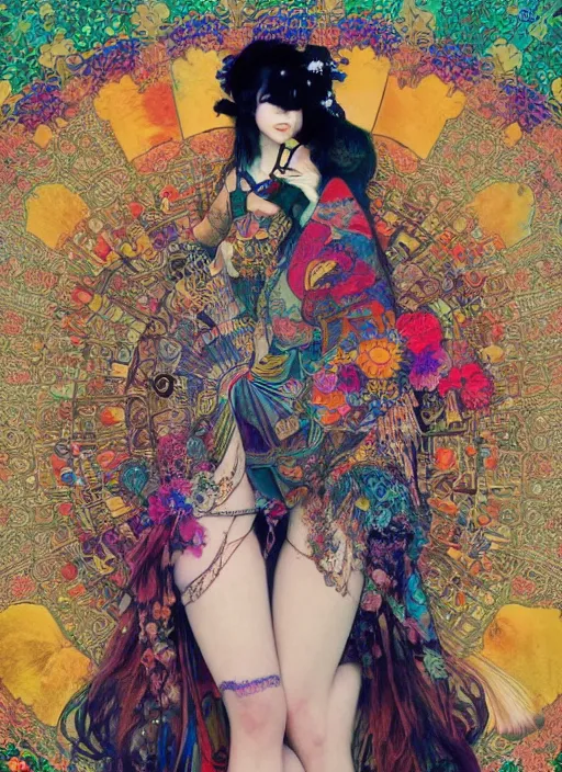 Image similar to cute punk goth fashion hippy fractal tattooed Carnival girl wearing kimono posing by Zhang Jingna, psychedelic poster art of by Victor Moscoso Rick Griffin Alphonse Mucha Gustav Klimt Ayami Kojima Amano Charlie Bowater, masterpiece