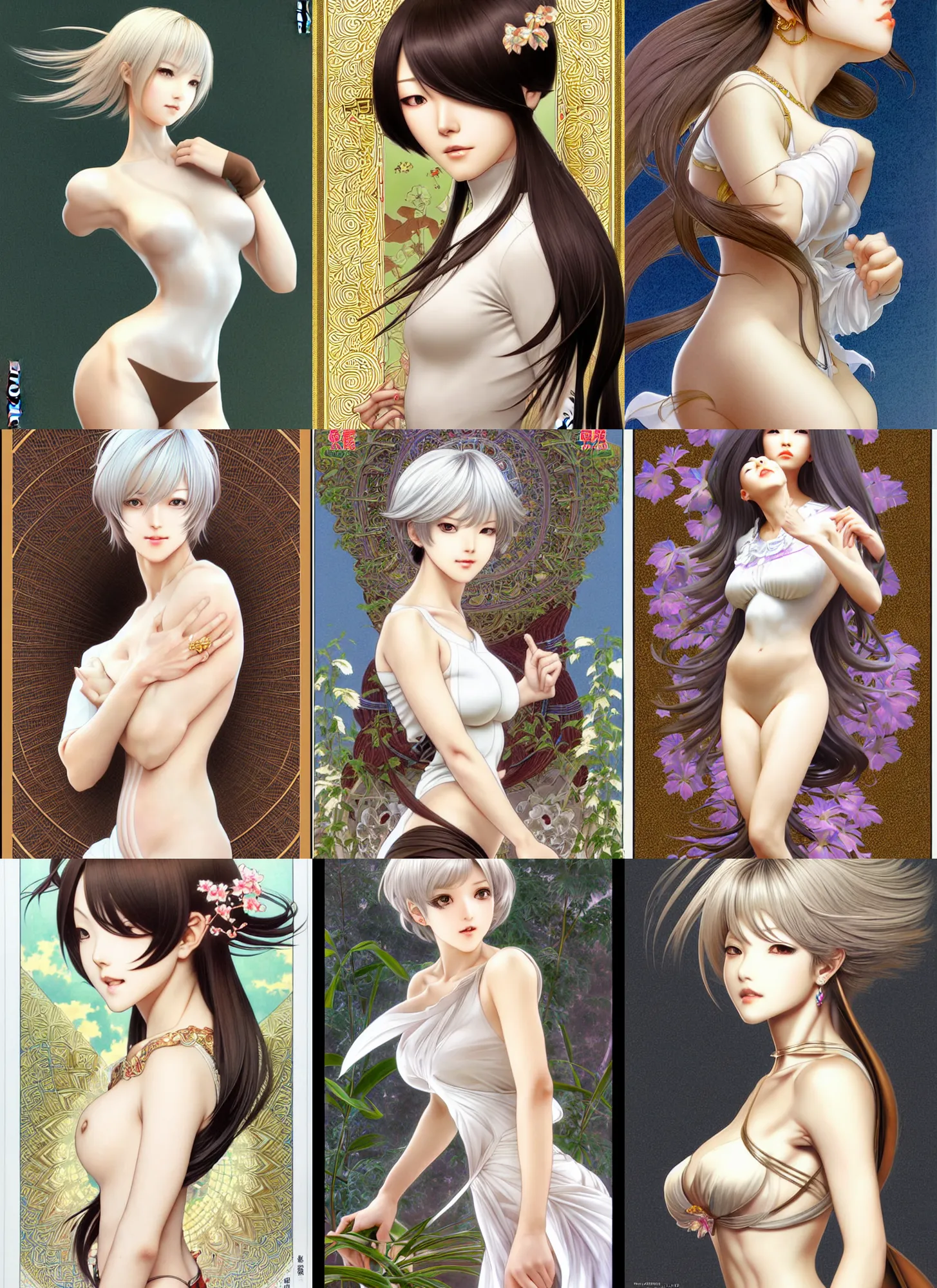 Prompt: full length complex 3 d hyper realistic smooth ultra sharp render of a gorgeous!! female | flawless brown skin!! | white hair!!! short hair, long bangs | art by oh jinwook + 吵 集 仁 儿 on artstaion + takeshi obata + alphonse mucha + jim lee