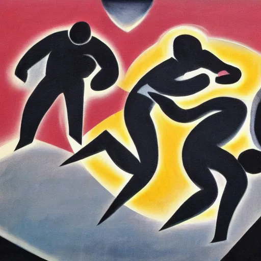 Image similar to oil on masonite painting by aaron douglas of men fighting in a cafeteria