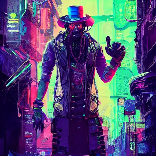 Image similar to papa legba, neon graffiti, Apex Legends character digital illustration portrait design, by android jones and greg rutkowski in a cyberpunk voodoo style, retrowave color scheme, detailed, cinematic lighting, wide angle action dynamic portrait