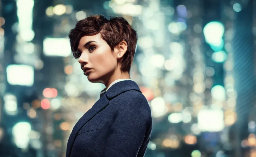 Image similar to a wide shot of a woman with a wool suit, short hair, blurred face, wearing an omega speedmaster on her wrist in front of a crowded dystopian city at night with cyberpunk lights