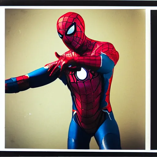 Image similar to a single iron man and spider - man hybrid, dslr, polaroid