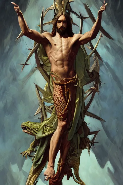 Image similar to fullbody!! dynamic action pose, jesus christ portrayed as a lizard reptile man, holy cross, crown of thorns, christianity, religious, intricate, elegant, highly detailed, digital painting, artstation, concept art, smooth, sharp focus, illustration, art by artgerm and greg rutkowski and alphonse mucha