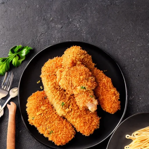 Prompt: photo of breaded chicken and sauce with pasta, professional, studio, 4 k