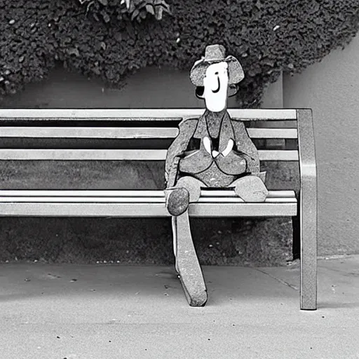 Image similar to pinocchio stuck on a bench with the long nose