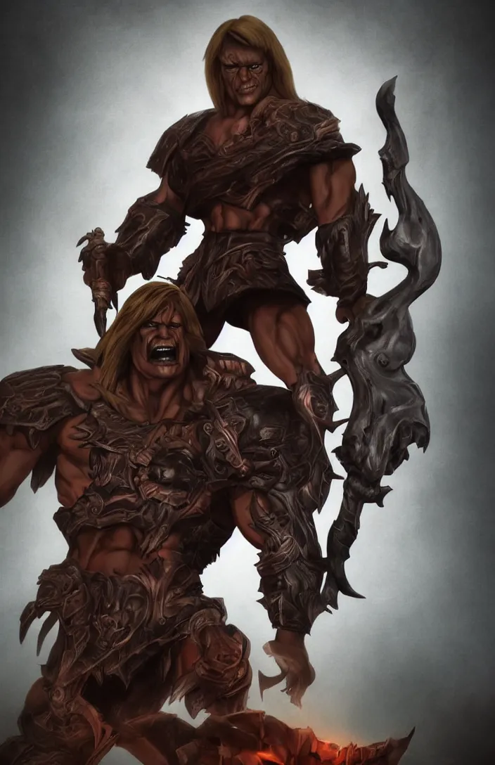 Prompt: He-Man with a dark manner, centered fullest body character pose, atmospheric, dark and mysterious, shadowy and eerie character, ominous, cinematic, photorealistic, colored ZBrush render