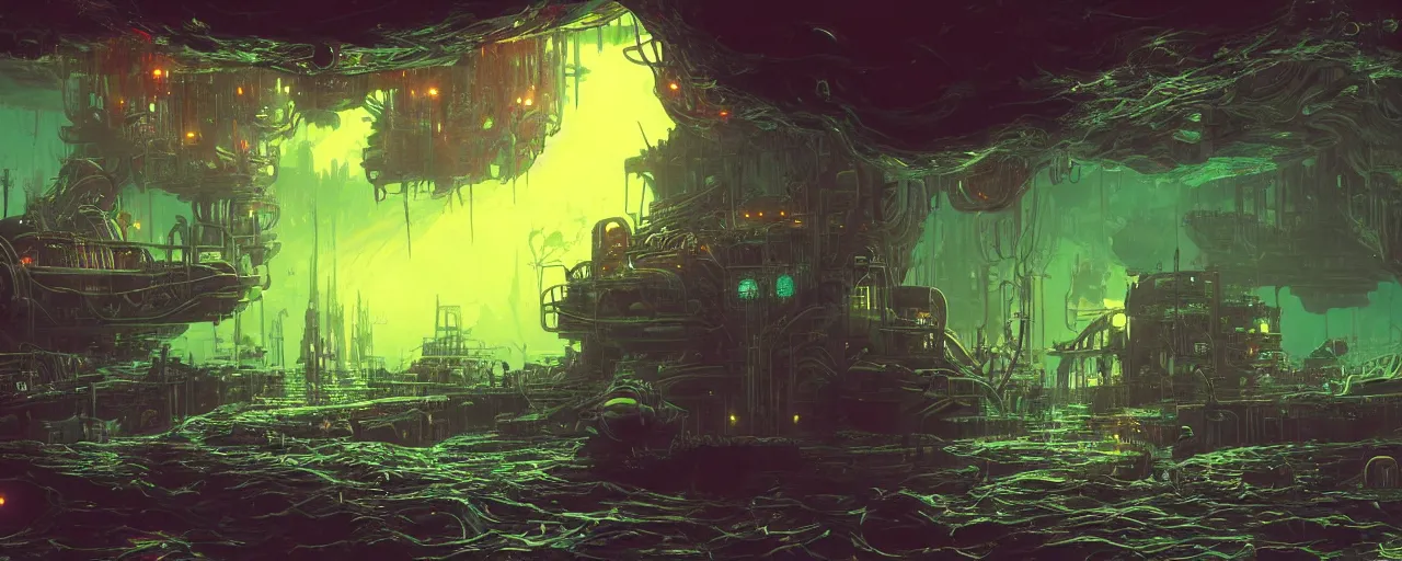 Image similar to ” dark underwater otherwordly terminal lit by bioluminescense, [ deepsea, cinematic, detailed, epic, widescreen, opening, establishing, mattepainting, photorealistic, realistic textures, octane render, art by slop and paul lehr ] ”