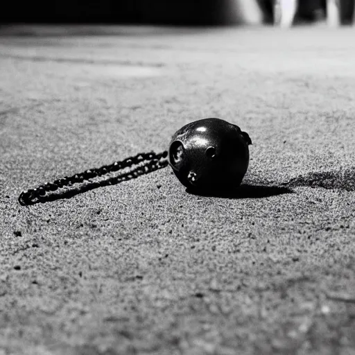 Prompt: hand grenade on the floor, black and white