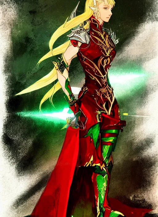 Image similar to Full body portrait of a beautiful young blonde short haired elven princess wearing red, green and gold armour robe. In style of Yoji Shinkawa and Hyung-tae Kim, trending on ArtStation, dark fantasy, great composition, concept art, highly detailed.