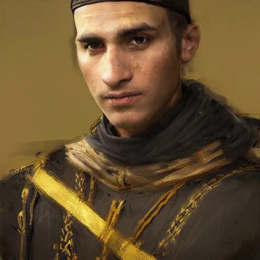 Prompt: Medium closeup young idealistic and pious homely male Imperial soldier wearing a black tabard with light yellow accents over a gambeson and a barbute!!!!! helm, by Raymond Swanland Greg Rutkowski Lise Deharm, {perfect face}, {perfect eyes}, {uncertain look}, {on edge}