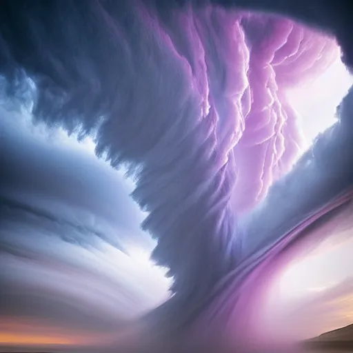 Image similar to amazing photo of purple clouds in the shape of a tornado by marc adamus, digital art, beautiful dramatic lighting