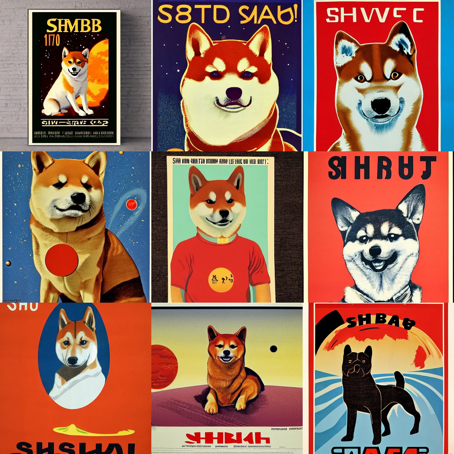 Prompt: Shiba Inu portrait, planet mars, 60s poster, 1972 Soviet