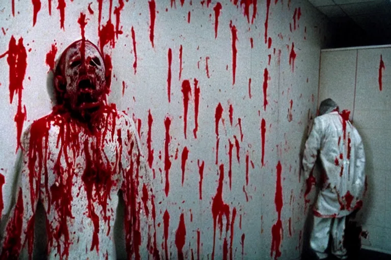 Image similar to filmic wide shot angle movie still 35mm film color photograph of a decapitated doctor with blood spewing from his neck and splattered blood all over the walls in a science lab in the style of a 1982 horror film