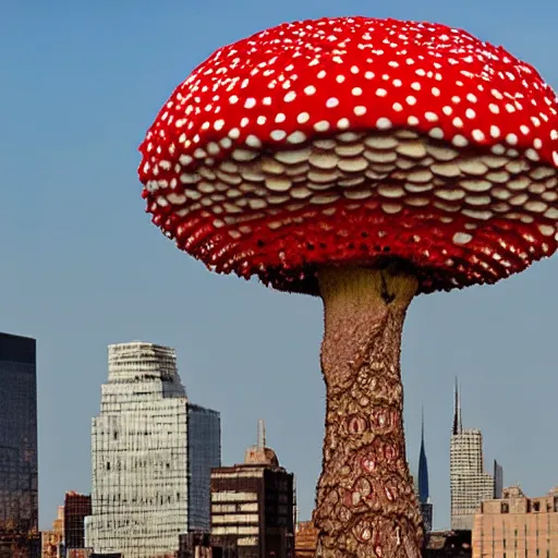 Prompt: a giant amanita muscaria in the mew York skyline, photorealistic