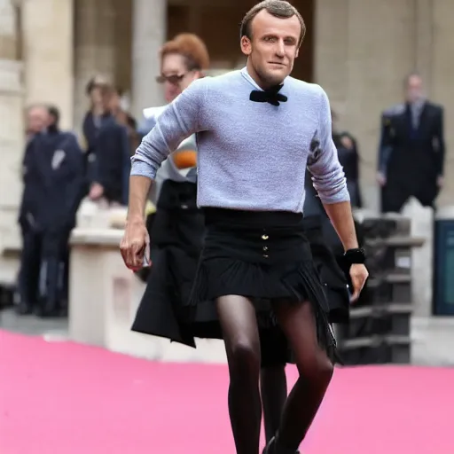 Image similar to Emanuel Macron wearing a mini skirt and a tight top. Heavy make up