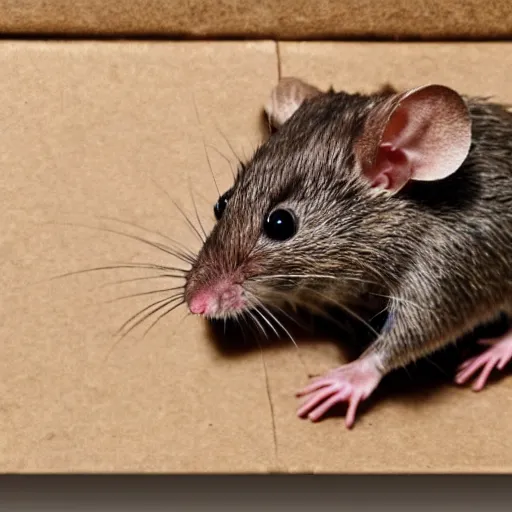 Prompt: photorealistic brown rat crawling out of a cardboard box in a basement