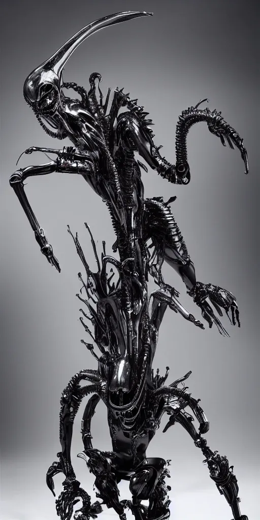 Image similar to blue human with rick owens iron spikes xenomorph intricated jewelry figure plastic jumping in a runway fashion show, realistic photography paparazzi by Nick Knight and Luis Royo